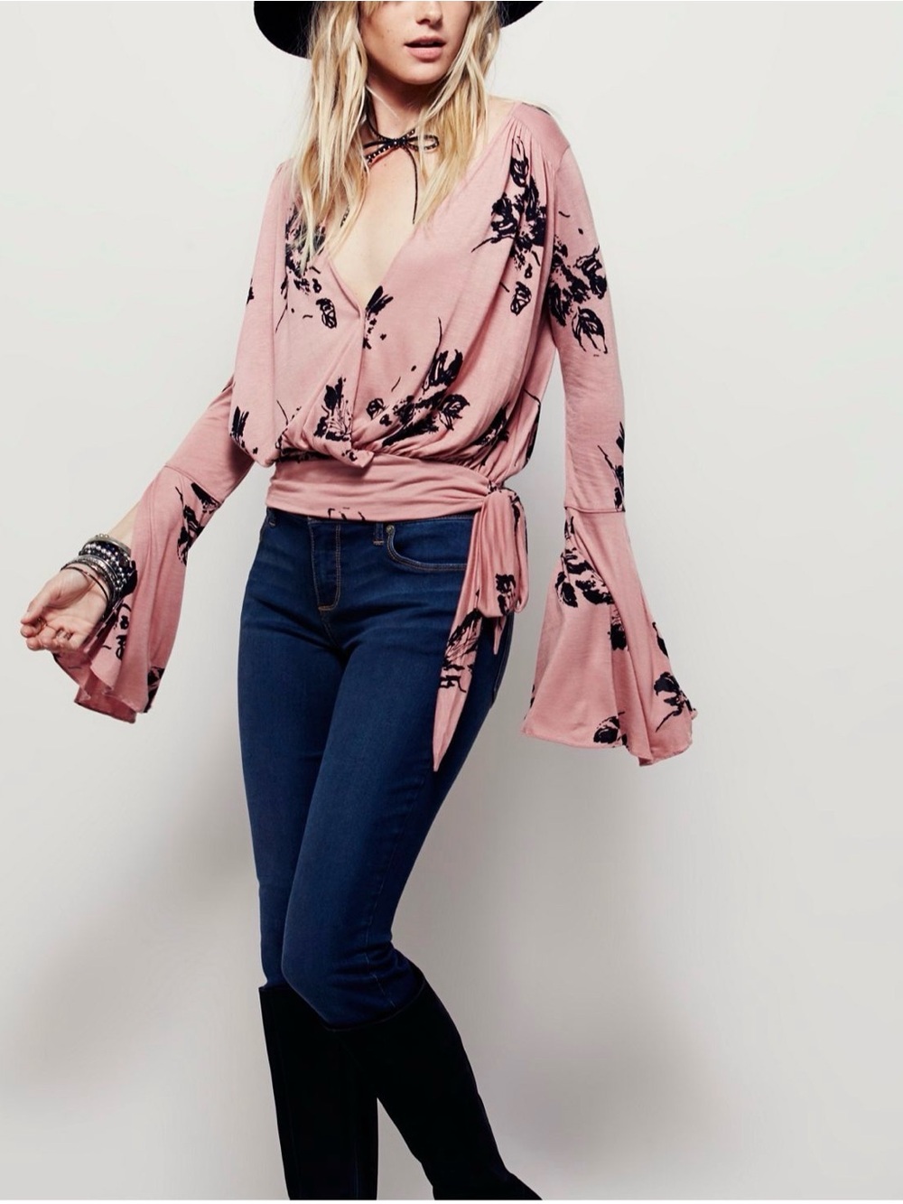NWOT Free People Fiona Wrap Top Pink Black Floral Bell Sleeve Size XS